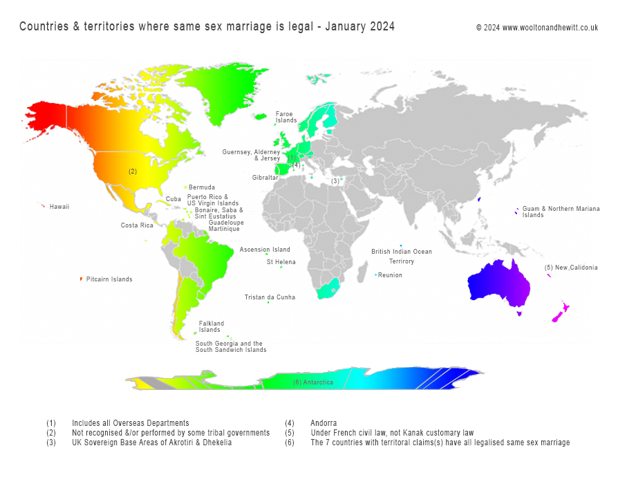 Map of countries where same-sex marriage is legal - USA, Canada, Columbia, Brazil, Uruguay, Argentina, Iceland, Republic of Ireland, Eire, England, Scotland, Wales, France, Spain, Portugal, Luxembourg, Belgium, Netherlands, Denmark, Norway, Sweden, South Africa, New Zealand, Finland